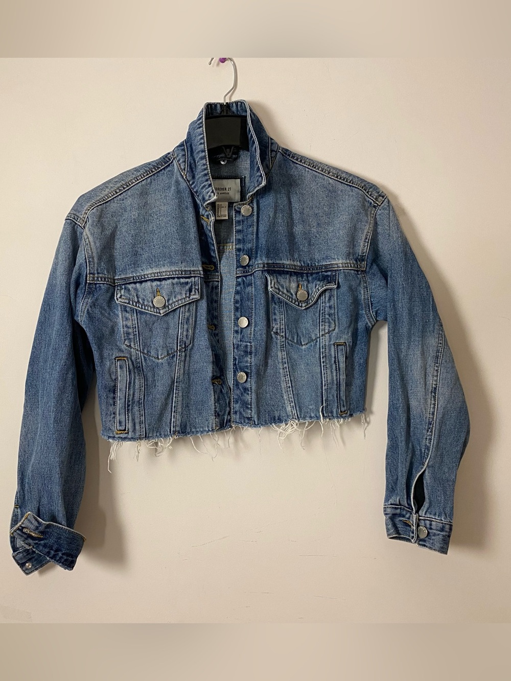 Forever 21 Cropped Blue Denim Jacket - Women's raw hem Jean jacket